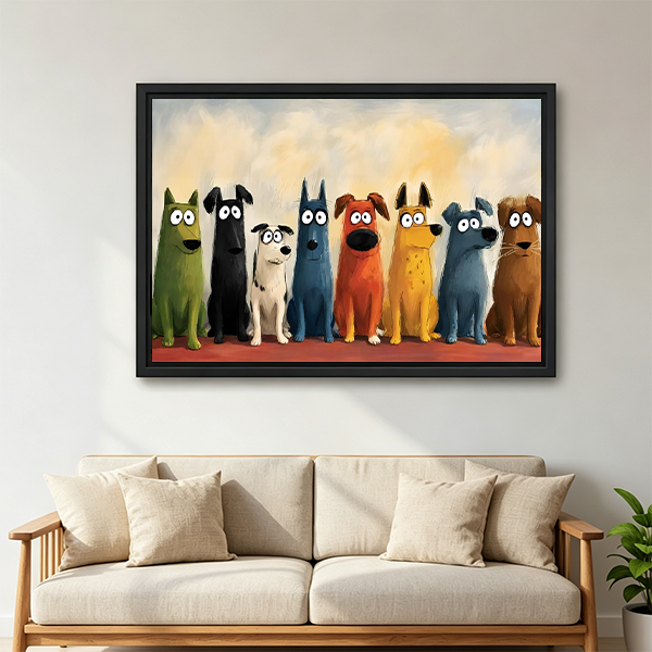 Colorful Cartoon Dogs Lineup Framed Wall Art Print Above Sofa Living Room Decor
