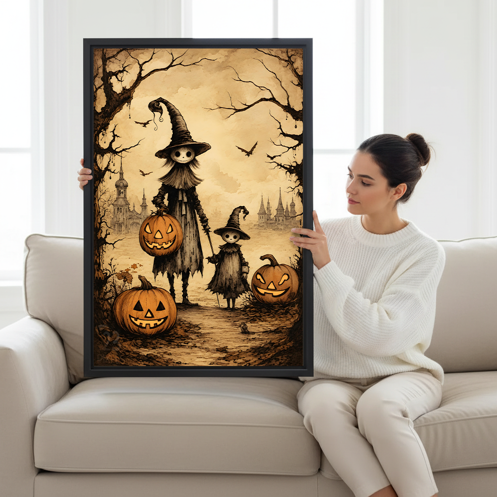 Framed witch family Halloween canvas wall art displayed above a desk in an elegant home office