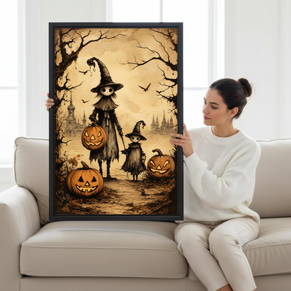 Framed witch family Halloween canvas wall art displayed above a desk in an elegant home office