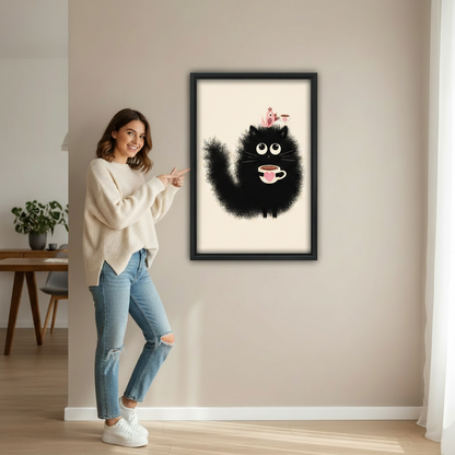 Woman pointing at fluffy black cat holding coffee cup pink bird cute wall art print in black frame showing actual print size on beige wall in bright minimalist entryway with wooden desk and green plant