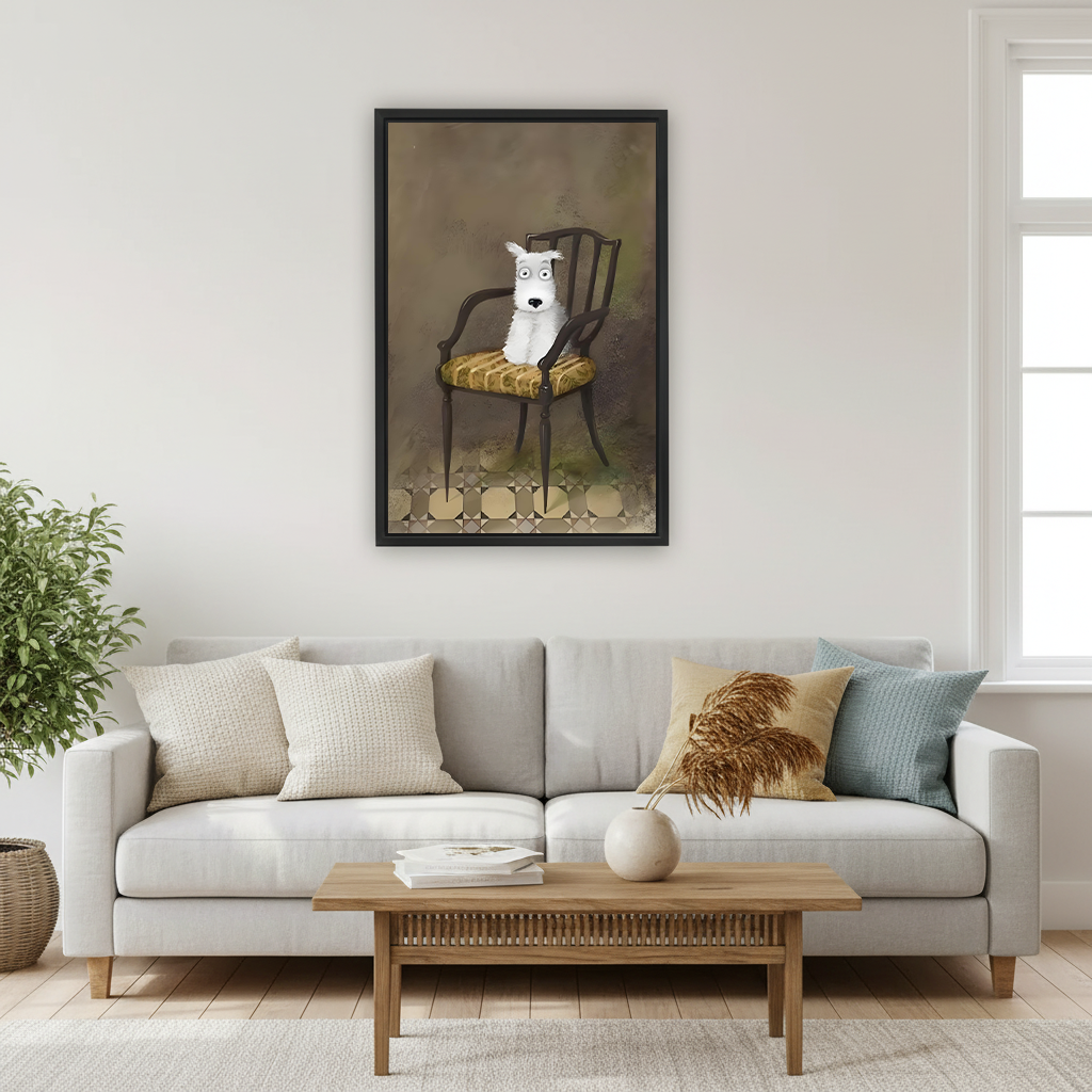 Vintage dog wall art in black frame above neutral sofa in bright Scandinavian living room