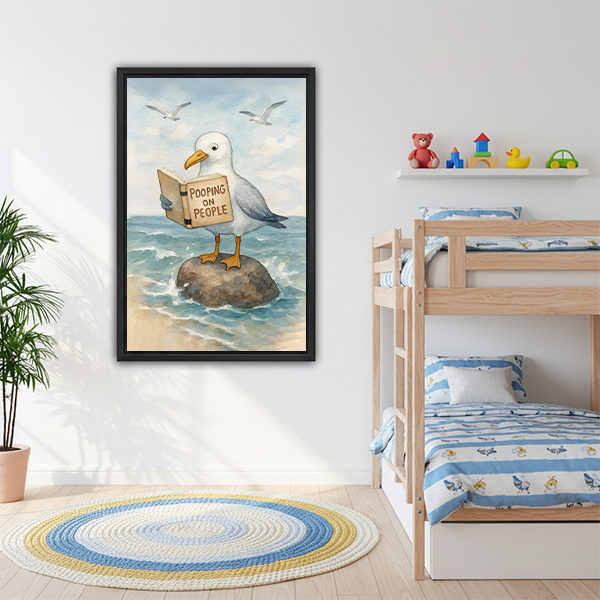 Funny seagull reading book framed print in kids bedroom with bunk bed — playful coastal wall art
