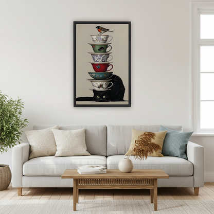 Black Cat Stacked Teacups Robin Bird Vintage Framed Canvas l3245