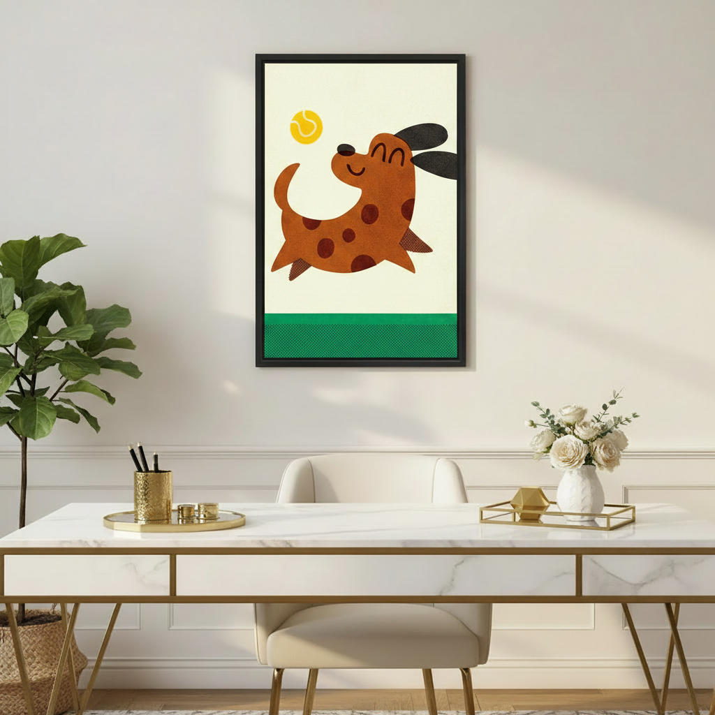 Whimsical dog illustration framed canvas print hanging above marble desk in elegant home office