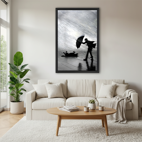 Black white rain man umbrella slipping dog framed canvas print above beige sofa – humorous photography wall art for living room