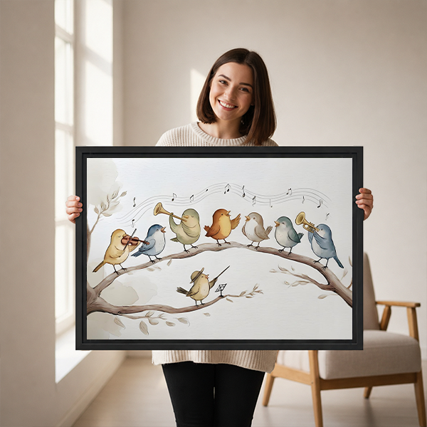 Gallery-wrap bird orchestra canvas wall art featuring pastel birds on branches above a wooden console beside a lantern.