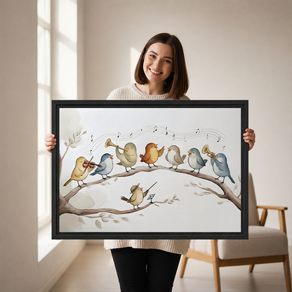 Gallery-wrap bird orchestra canvas wall art featuring pastel birds on branches above a wooden console beside a lantern.