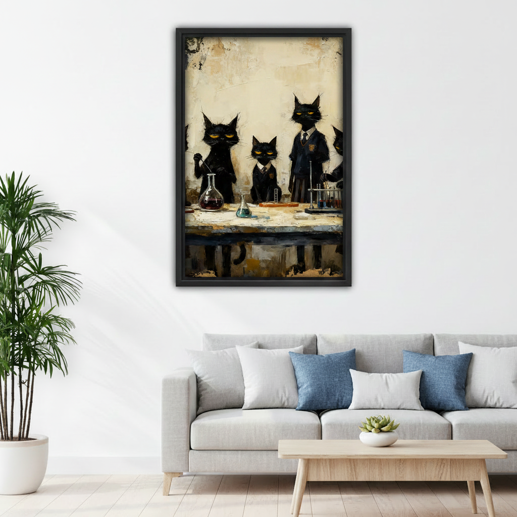 Funny black cats scientist lab framed canvas wall art above grey sofa, vintage oil painting serious cats in uniforms with colorful flasks living room decor