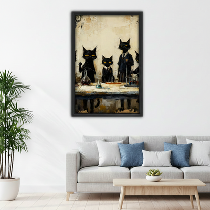 Funny black cats scientist lab framed canvas wall art above grey sofa, vintage oil painting serious cats in uniforms with colorful flasks living room decor