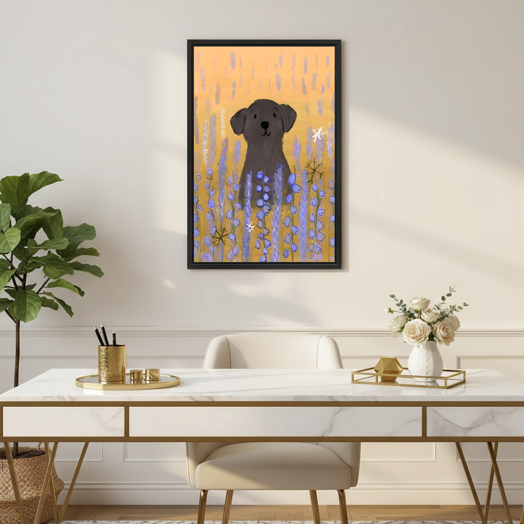 Black labrador dog sitting in purple bluebell flower field warm orange background boho hand-painted illustration framed wall art hung on cream wall above marble gold desk with white velvet chairs white rose vase and fiddle leaf fig in elegant home office