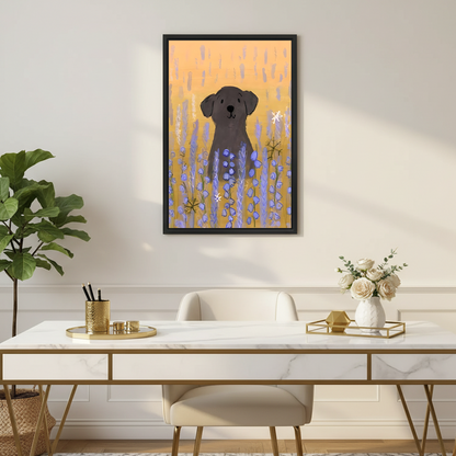 Black labrador dog sitting in purple bluebell flower field warm orange background boho hand-painted illustration framed wall art hung on cream wall above marble gold desk with white velvet chairs white rose vase and fiddle leaf fig in elegant home office