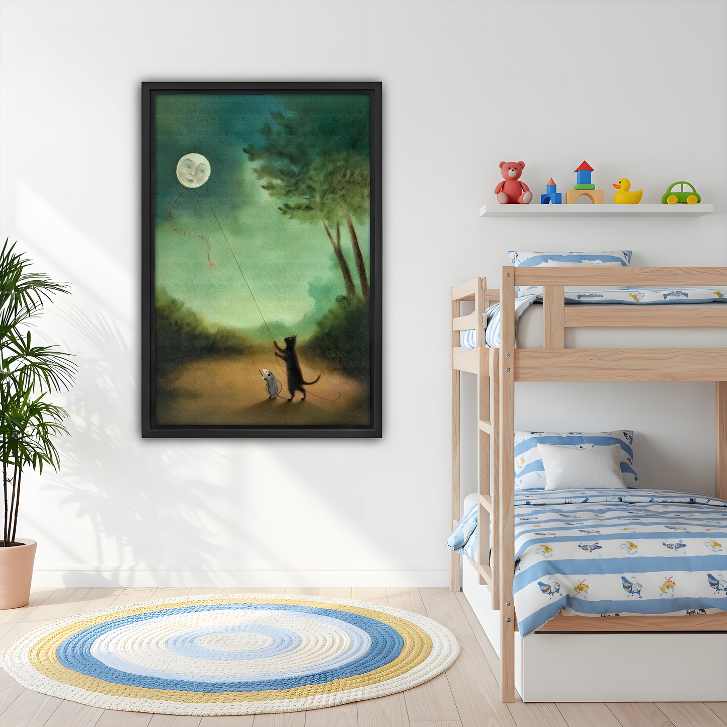 Whimsical Cat Mouse Moon Kite Framed Canvas Wall Art l2639