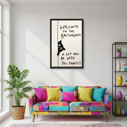Funny Welcome to the Bathroom cat quote large framed canvas in colorful living room - black and white cat wall art decor