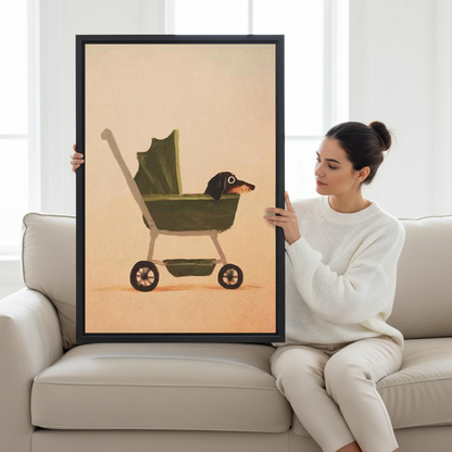 Woman holding large dachshund stroller vintage framed canvas print on cream sofa in bright minimalist living room