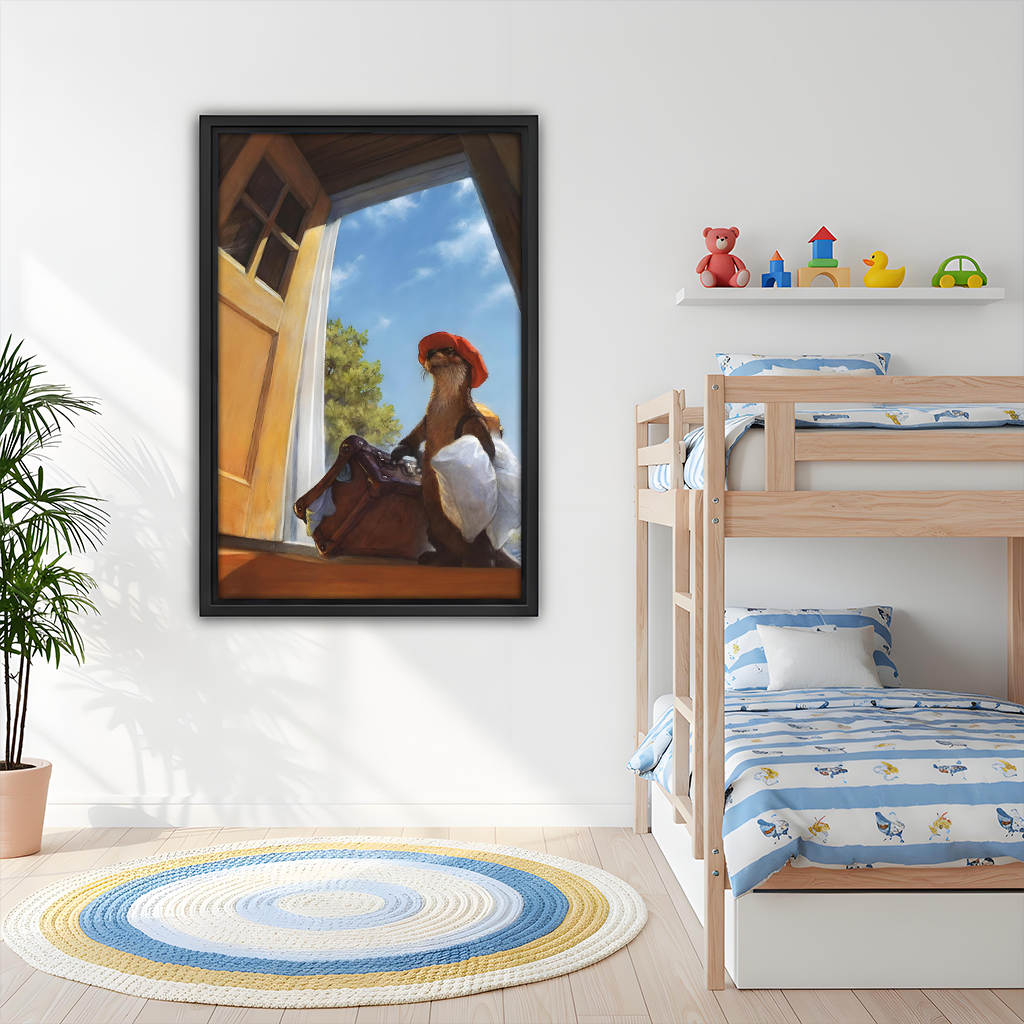 Whimsical animal fantasy art print in black frame decorating bright kids bedroom wall