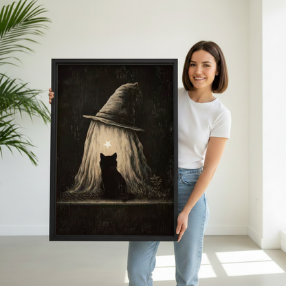 Woman holding large gothic black cat witch hat framed canvas art, dark fantasy wall decor print
