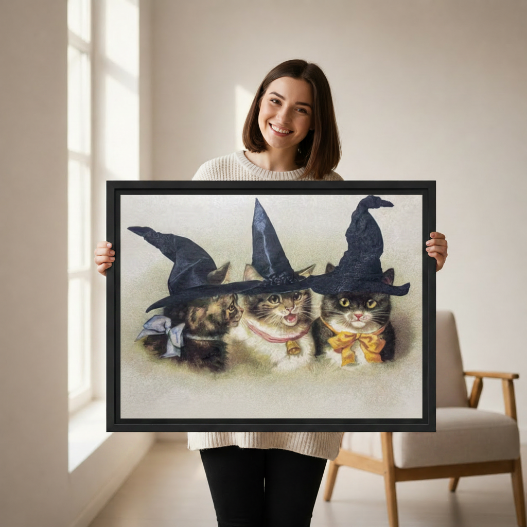 Woman holding large framed three witch cats Victorian halloween vintage canvas wall art print
