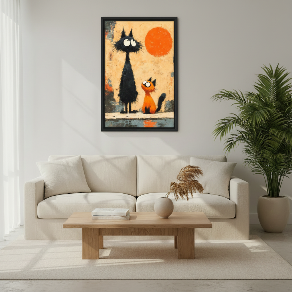 Whimsical Black Orange Cat Duo Wall Art Canvas Print l2031