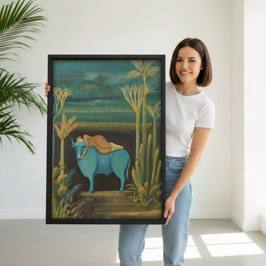 Woman holding large black framed surrealist blue bull wall art print, size reference photo, teal jungle oil painting style