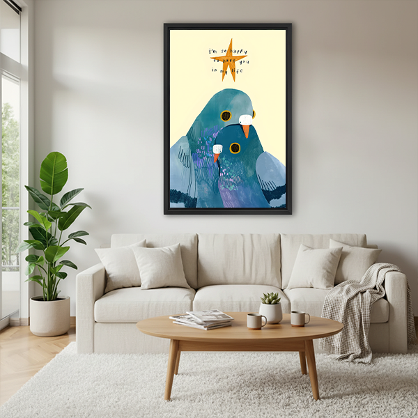 Whimsical love birds teal pigeon couple framed canvas wall art above cream sofa in bright Scandinavian living room with coffee table and plants