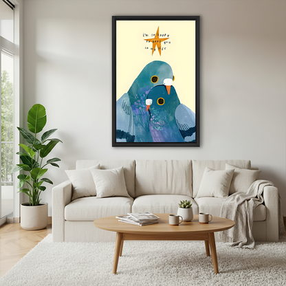 Whimsical love birds teal pigeon couple framed canvas wall art above cream sofa in bright Scandinavian living room with coffee table and plants