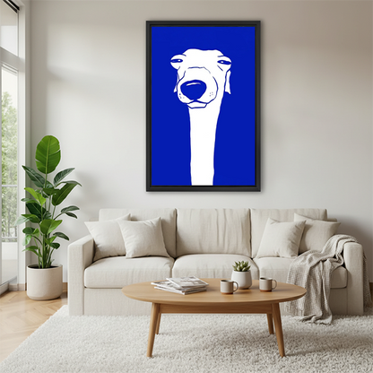 Greyhound bold blue minimalist framed canvas wall art above cream sofa in bright Scandinavian living room with round coffee table and throw blanket