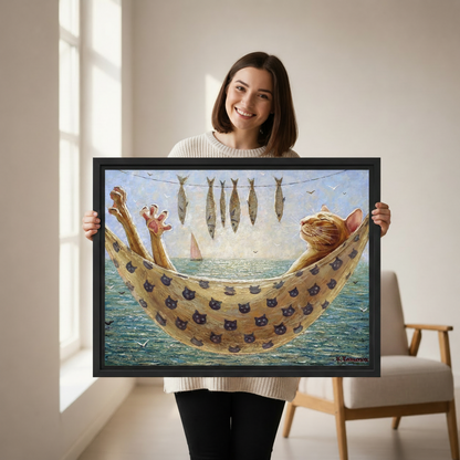 Woman holding large whimsical cat hammock ocean oil painting framed canvas wall art print
