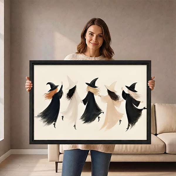 Framed minimalist witch coven Halloween canvas wall art displayed above a bed in a calm bedroom