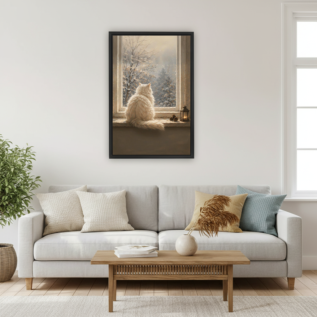 	Framed winter white cat canvas wall art print above light grey sofa in Scandinavian living room