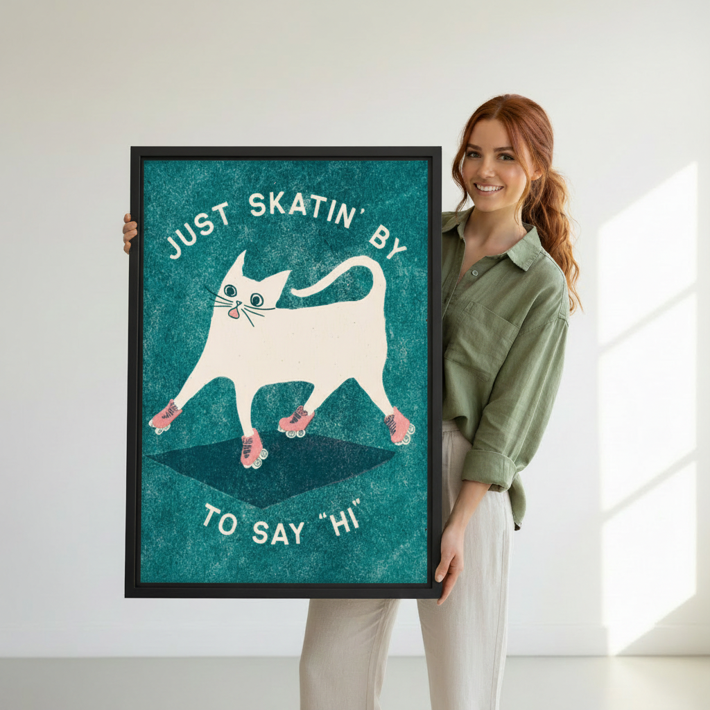 Woman holding large framed white cat roller skates "Just Skatin' By To Say Hi" wall art print, black frame, teal retro design, showing actual print size