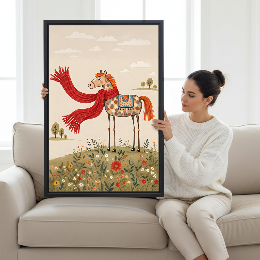 Woman holding framed whimsical horse in scarf canvas art featuring a spotted horse and wildflowers