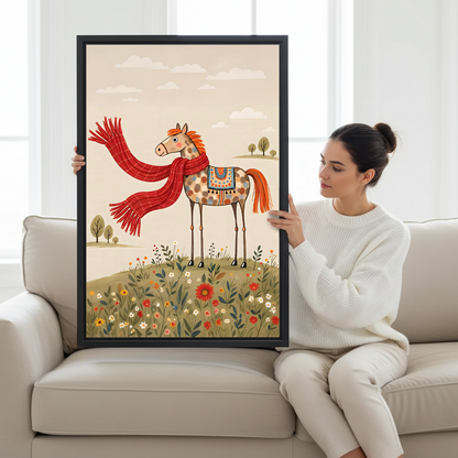 Woman holding framed whimsical horse in scarf canvas art featuring a spotted horse and wildflowers