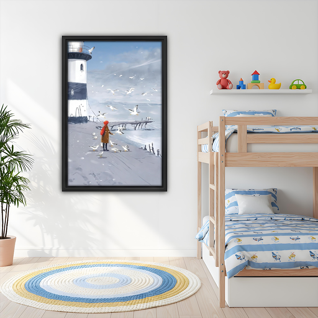 Winter Lighthouse Girl Seagulls Framed Wall Art Print Kids Room Bedroom Decor