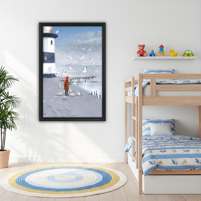 Winter Lighthouse Girl Seagulls Framed Wall Art Print Kids Room Bedroom Decor