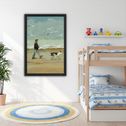 Beach Dog Walk Coastal Oil Painting Framed Wall Art Print Kids Room Bedroom Decor