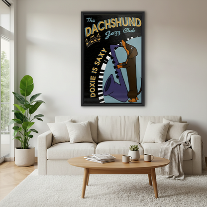 Retro dachshund jazz club poster wall art above cream sofa in Scandinavian living room