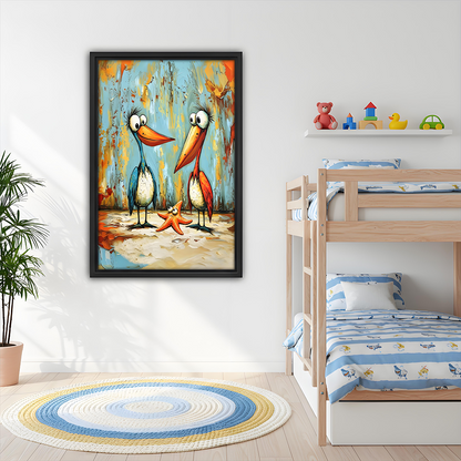 Funny pelican starfish colorful oil painting framed wall art in kids bedroom, whimsical coastal nursery decor