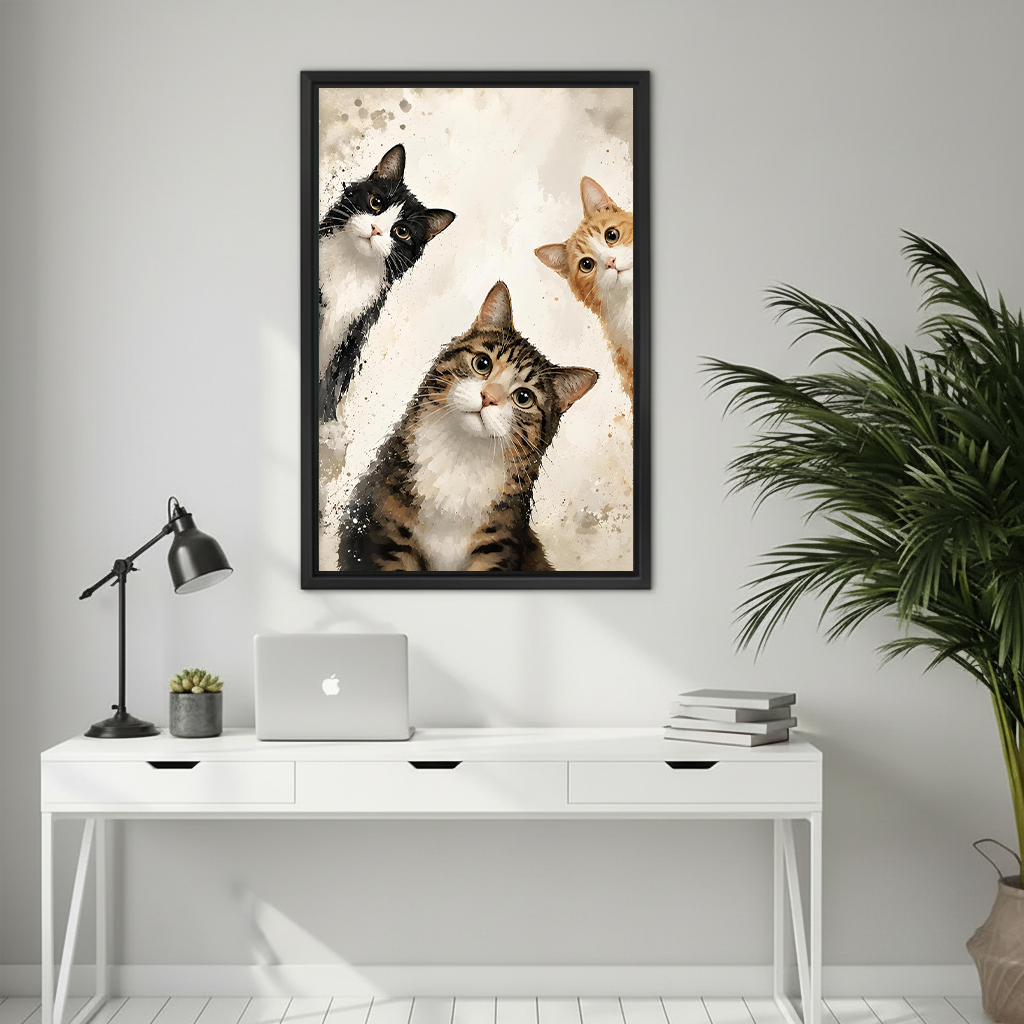 Funny cat watercolor wall art print hanging above a white desk in a minimalist home office
