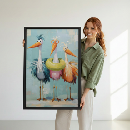 Woman holding large framed bird art print, three whimsical storks with pool float and orange glasses, premium black frame canvas wall art