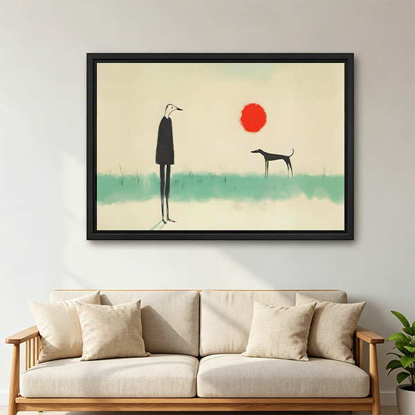 Minimalist framed canvas wall art of a lone figure and dog facing a red sun, zen painting style, modern living room sofa wall decor