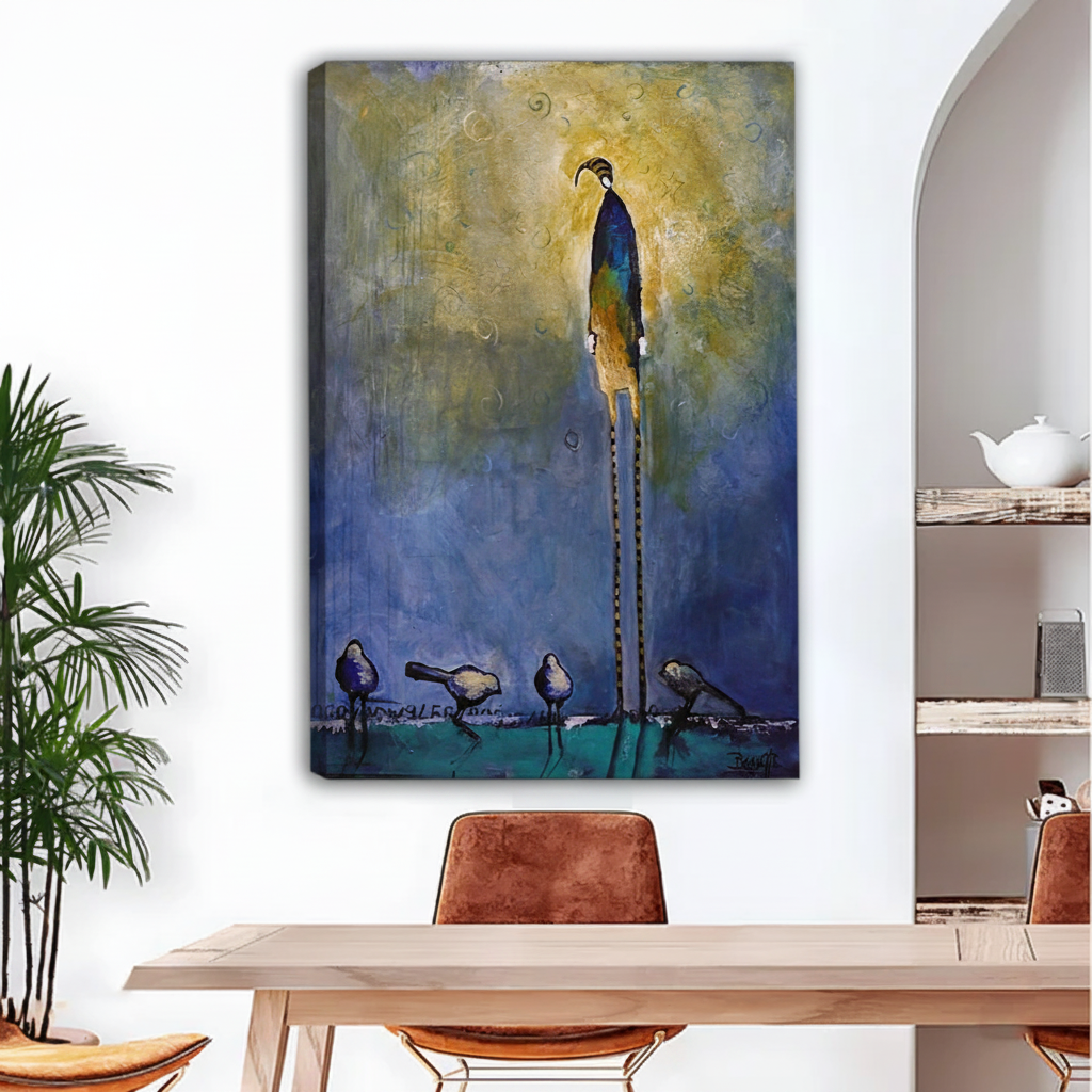 Abstract bird canvas wall art gallery wrap displayed in dining room with wooden table