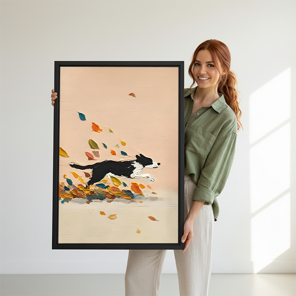 Woman holding border collie running autumn leaves framed canvas print – modern minimalist dog wall art size display