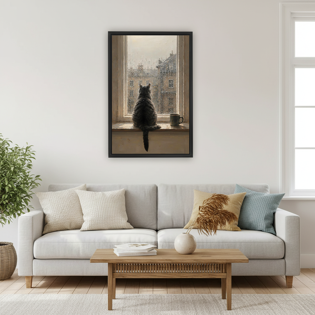 Framed rainy day cat canvas wall art print displayed in modern living room above sofa