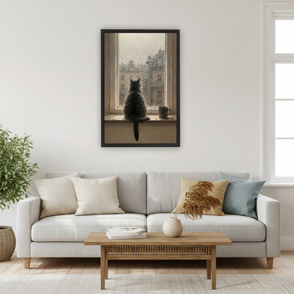 Framed rainy day cat canvas wall art print displayed in modern living room above sofa