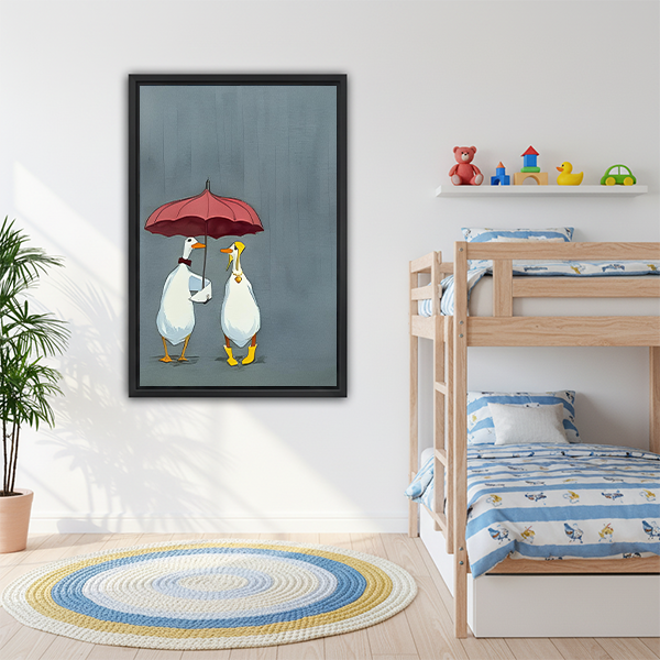 Rainy day ducks framed print in kids bedroom with bunk bed — whimsical animal wall art