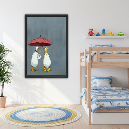 Rainy day ducks framed print in kids bedroom with bunk bed — whimsical animal wall art