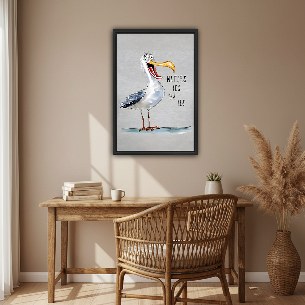 Quirky seagull Matjes Yes Yes Yes framed wall art in bohemian home office decor