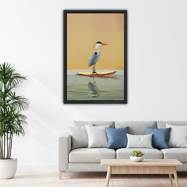 Funny Heron Surfboard Sunset Framed Canvas Wall Art l2544