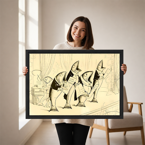 Smiling woman holding black-framed vintage singing fish canvas wall art featuring a quartet with song sheets.