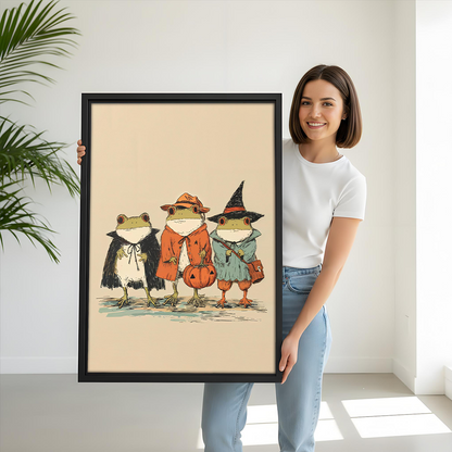 Woman holding black-framed Halloween frogs canvas wall art showing a cape, orange outfit, and pointed witch hat.